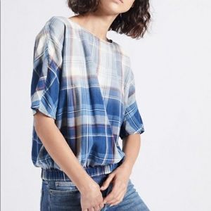 CURRENT/ELLIOTT blue plaid elastic hemline button back neckline NWT